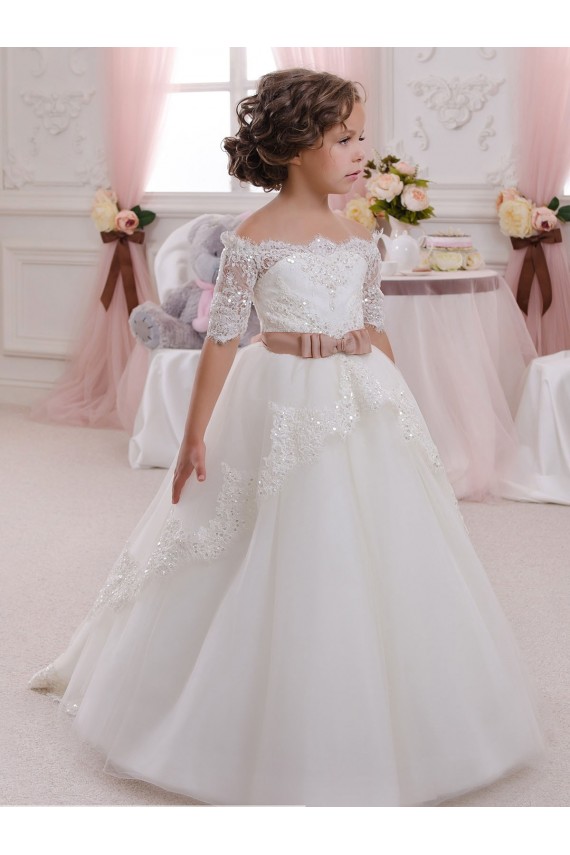 Tulle & Lace Ball Gown Short Sleeves Long Keyhole Back Flower Girl Dresses Glasgow