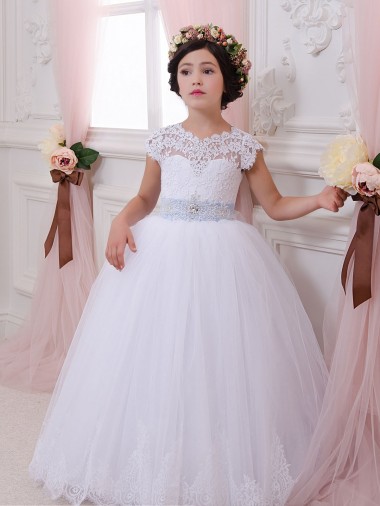Tulle & Lace Ball Gown Chapel Train Cap Sleeves Flower Girl Dresses Glasgow