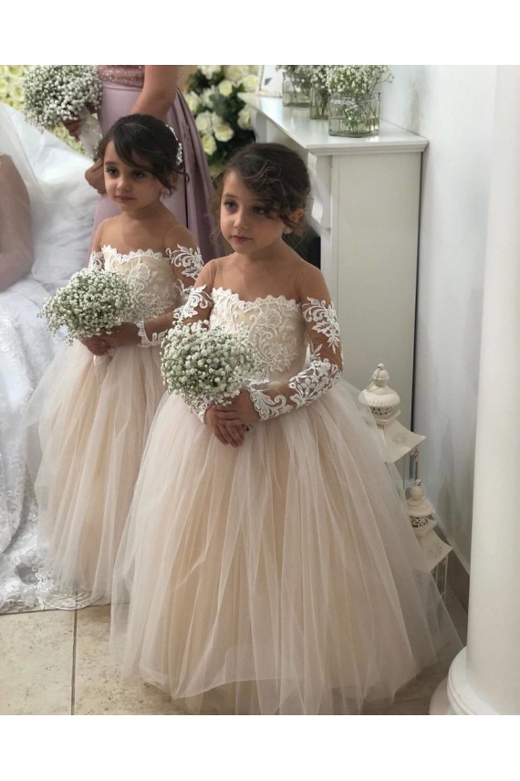 Tulle & Lace Ball Gown Chapel Train Long Sleeves Little Flower Girl Dress Glasgow