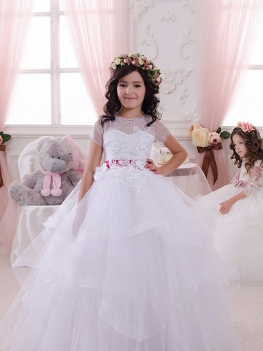 Tulle & Lace Ball Gown Short Sleeves Long Little Flower Girl Dress Glasgow
