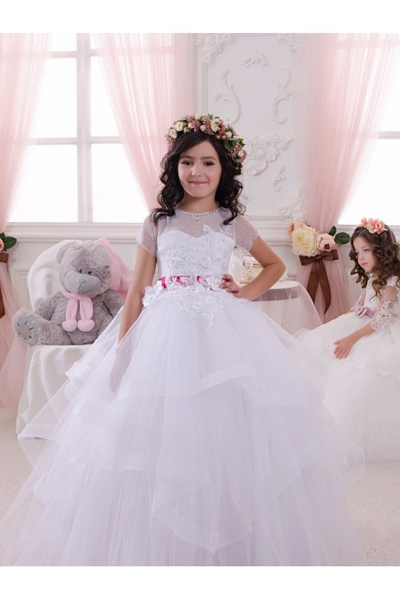 Tulle & Lace Ball Gown Short Sleeves Long Little Flower Girl Dress Glasgow