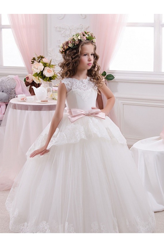 Tulle & Lace Ball Gown Chapel Train Sleeveless V-Back Flower Girl Dress for Wedding Glasgow