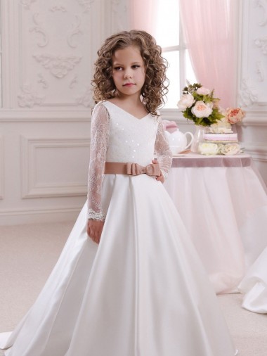 Satin & Lace Ball Gown Chapel Train Long Sleeves Flower Girl Dress Glasgow