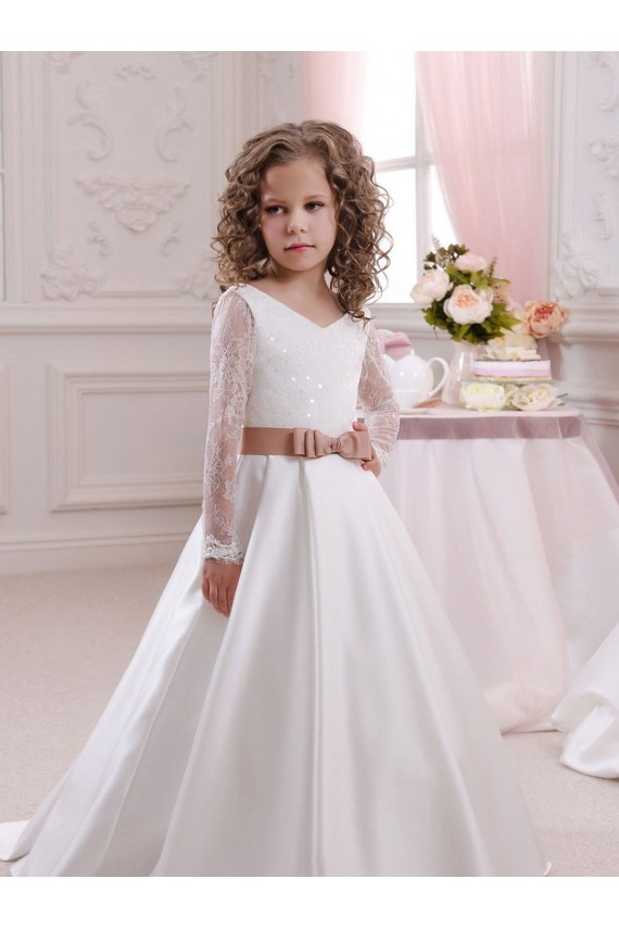 Satin & Lace Ball Gown Chapel Train Long Sleeves Flower Girl Dress Glasgow