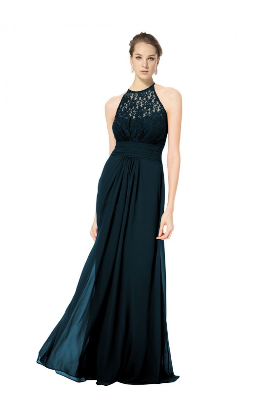 Soft Chiffon & Lace A-Line Long Sleeveless Keyhole Back Dark Navy Bridesmaid Dresses Glasgow