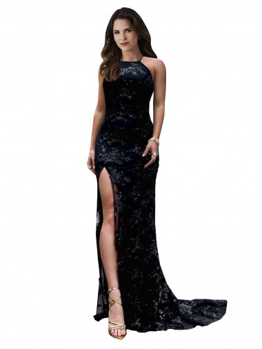 Lace Mermaid Long Sleeveless Open Back High Slit Prom Dresses Glasgow