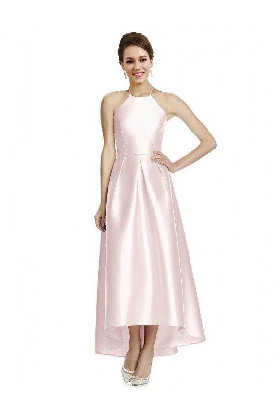 Satin A-Line Long Sleeveless Criss Cross Open Back High Low Bridesmaid Dress Glasgow