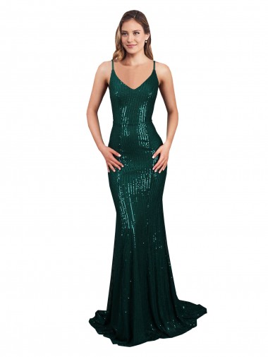 Sequin Mermaid Long Sleeveless Low Back Dark Green Prom Dresses Glasgow