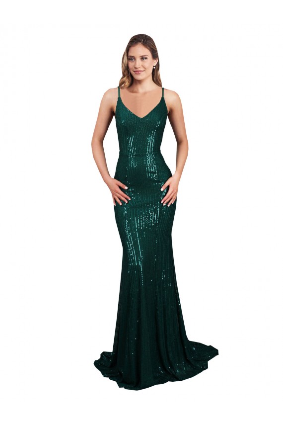 Sequin Mermaid Long Sleeveless Low Back Dark Green Prom Dresses Glasgow