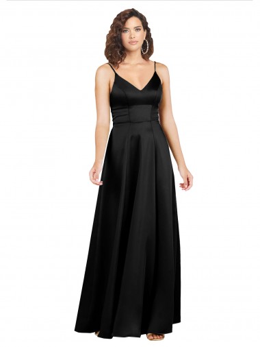 Silk like Satin A-Line Long Sleeveless V-Back Black Prom Dresses Glasgow
