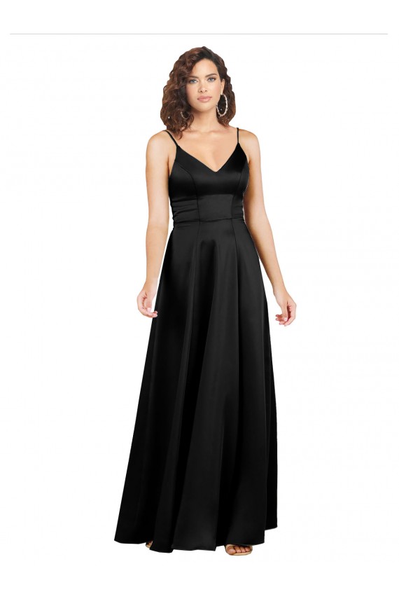 Silk like Satin A-Line Long Sleeveless V-Back Black Prom Dresses Glasgow
