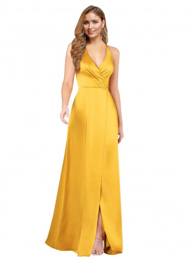 Silk like Satin A-Line Long Sleeveless Open Back Front Slit Formal Dress / Bridesmaid Dress Glasgow
