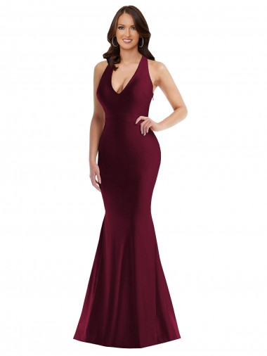 Silk like Satin Mermaid Long Sleeveless Open Back Burgundy Prom Dresses Glasgow