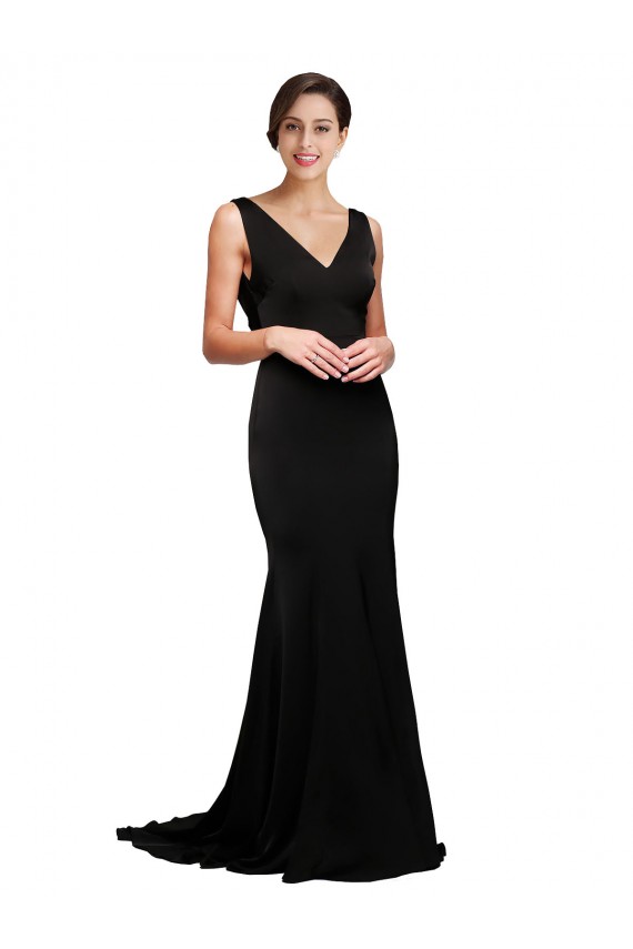 Silk like Satin A-Line Sweep Train Sleeveless Low Back Black Prom Dresses Glasgow
