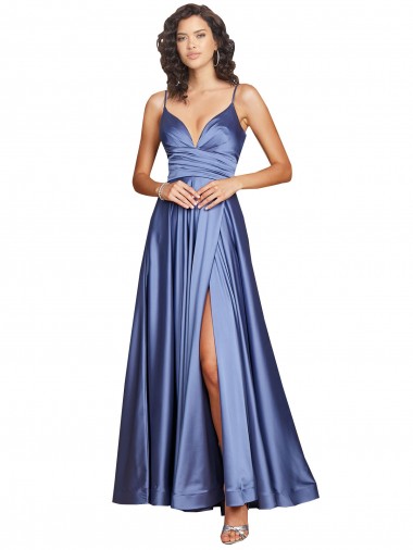 Silk like Satin A-Line Long Sleeveless Low Back High Slit Prom Dresses Glasgow