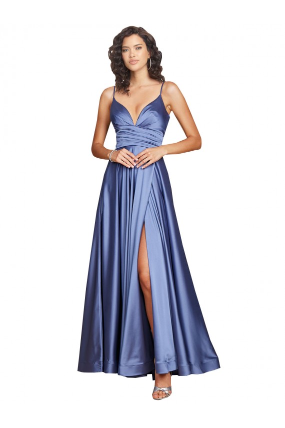 Silk like Satin A-Line Long Sleeveless Low Back High Slit Prom Dresses Glasgow
