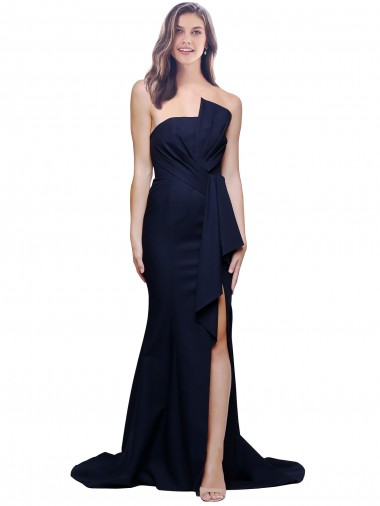 Stretch Crepe Sheath Sweep Train Sleeveless Low Back Dark Navy Prom Dresses Glasgow