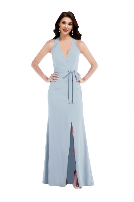 Stretch Crepe A-Line Long Sleeveless Halter Neck Open Back Prom Dresses Glasgow