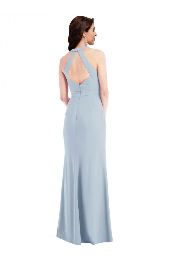 Stretch Crepe A-Line Long Sleeveless Halter Neck Open Back Prom Dresses Glasgow