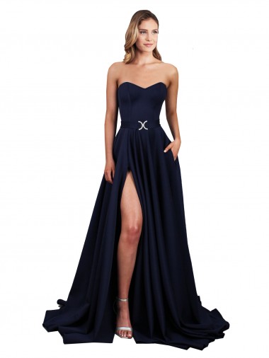 Stretch Crepe A-Line Long Sleeveless Low Back Dark Navy Prom Dresses Glasgow