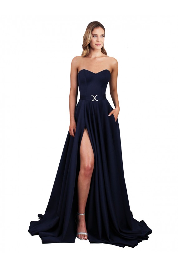 Stretch Crepe A-Line Long Sleeveless Low Back Dark Navy Prom Dresses Glasgow