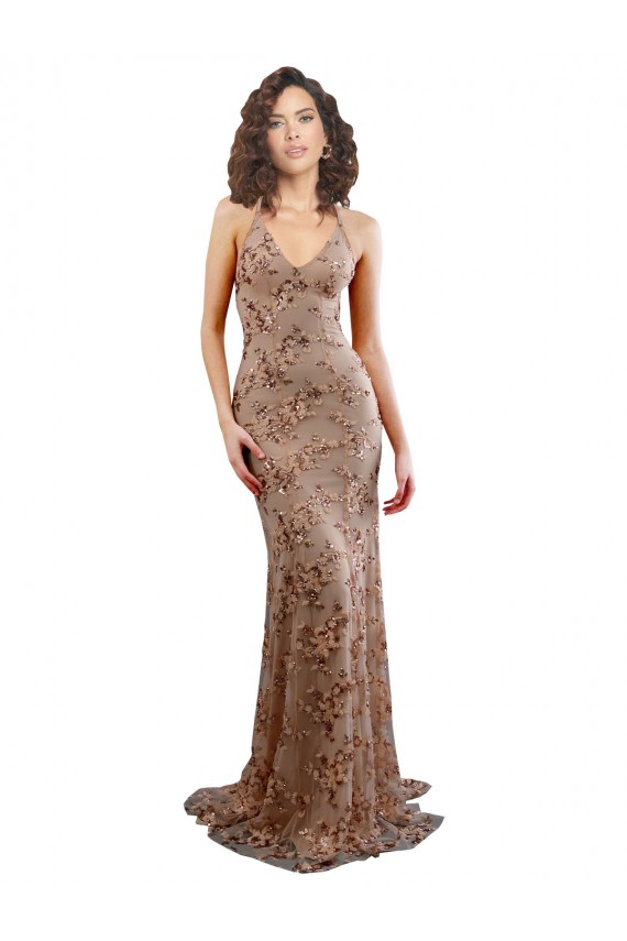Stretch Crepe & Sequin Tulle Mermaid Long Sleeveless Backless Rose Gold Prom Dresses Glasgow