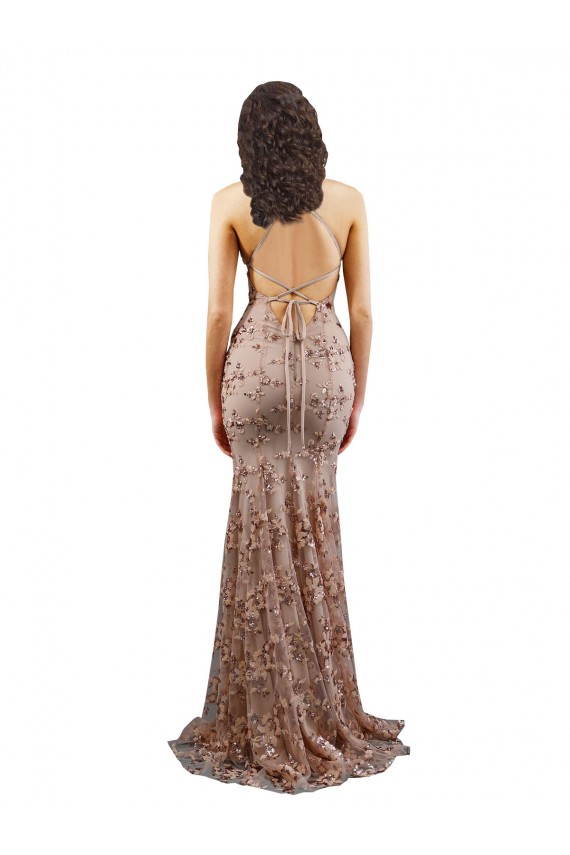 Stretch Crepe & Sequin Tulle Mermaid Long Sleeveless Backless Rose Gold Prom Dresses Glasgow