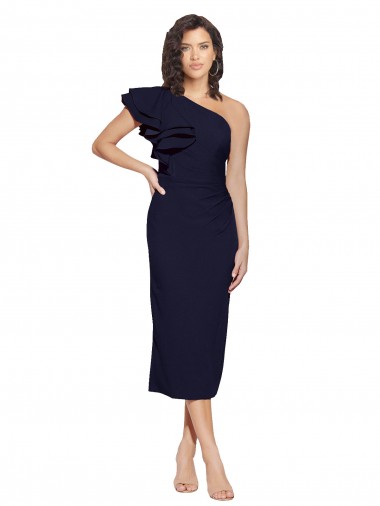 Stretch Crepe Sheath Midi Length Sleeveless Dark Navy Prom Dresses Glasgow