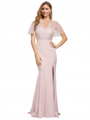 Stretch Crepe & Tulle Sheath Short Sleeves Long Low Back Formal Evening Gown / Prom Dress / Bridesmaid Dress Glasgow