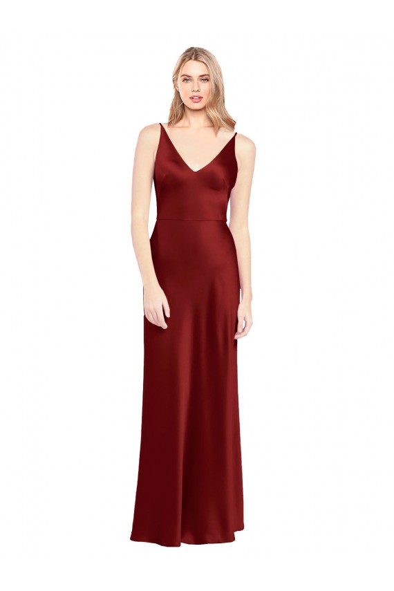 Stretch Satin A-Line Long Sleeveless V-Back Burgundy Prom Dresses Glasgow