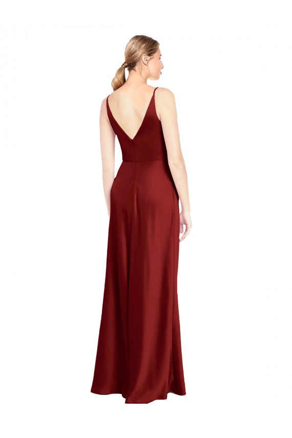 Stretch Satin A-Line Long Sleeveless V-Back Burgundy Prom Dresses Glasgow