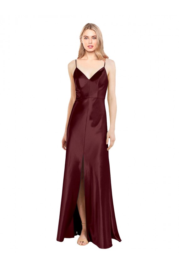Stretch Satin A-Line Long Sleeveless Center Front Slit Prom Dresses Glasgow