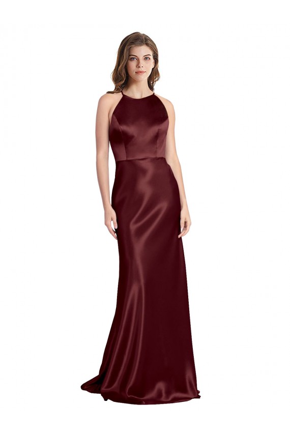 Stretch Satin A-Line Long Sleeveless Burgundy Gold Prom Dresses Glasgow