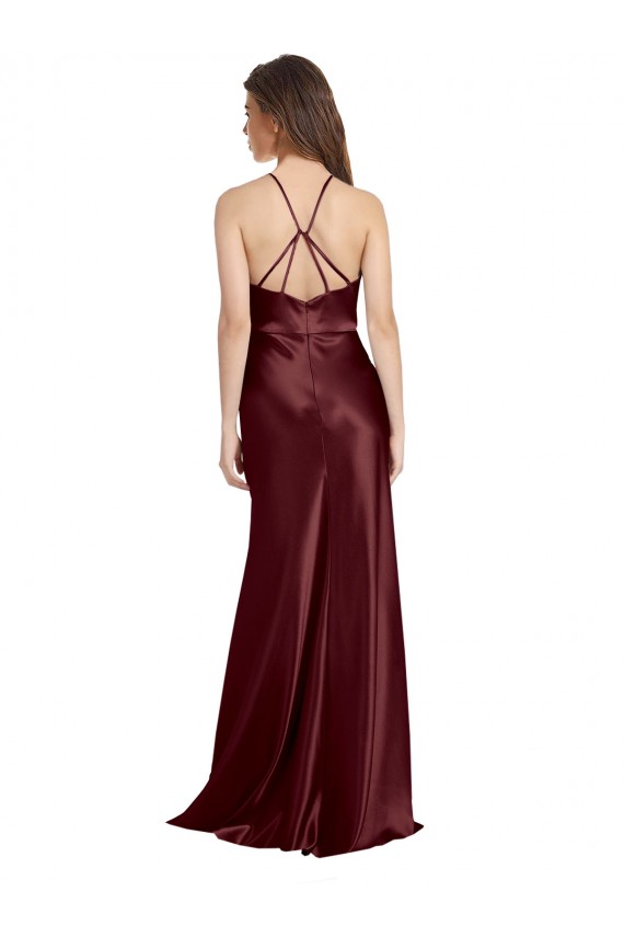 Stretch Satin A-Line Long Sleeveless Burgundy Gold Prom Dresses Glasgow
