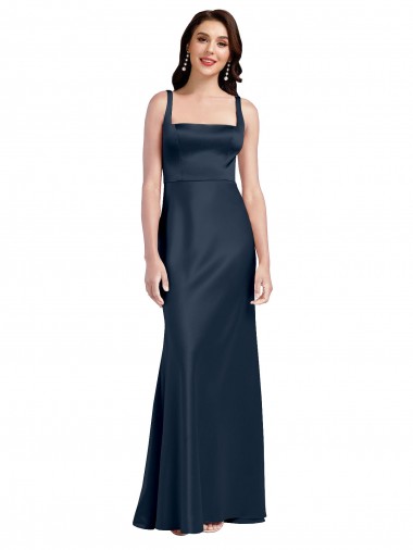 Stretch Satin A-Line Long Sleeveless Low Back Dark Navy Prom Dresses Glasgow