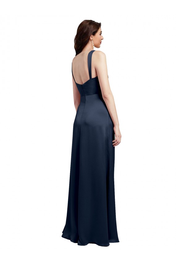Stretch Satin A-Line Long Sleeveless Low Back Side Slit Prom Dresses Glasgow