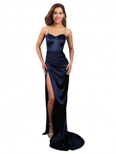 Stretch Satin Mermaid Long Sleeveless Dark Navy Prom Dresses Glasgow