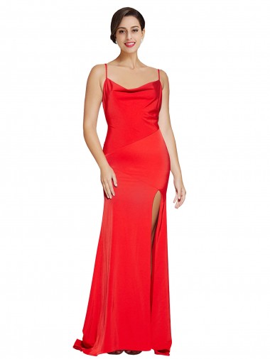 Stretch Satin Sheath Long Sleeveless Low Back High Side Slit Prom Dresses Glasgow