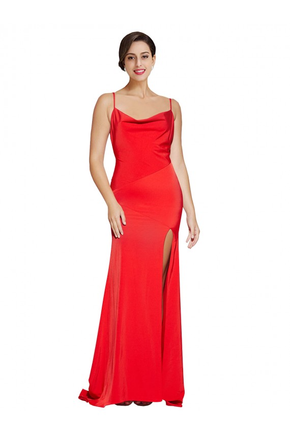 Stretch Satin Sheath Long Sleeveless Low Back High Side Slit Prom Dresses Glasgow