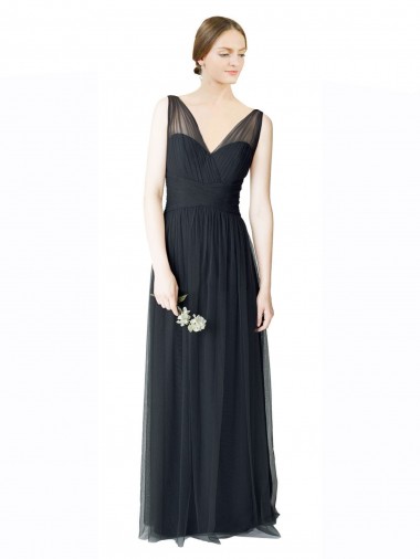 Tulle A-Line Long Sleeveless V-Back Pewter Bridesmaid Dresses Glasgow