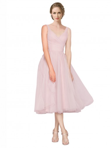 Tulle A-Line Tea Length Sleeveless V-Back Bridesmaid Dress Glasgow