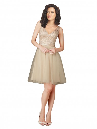 Tulle & Lace A-Line Knee Length Sleeveless V-Back Champagne Bridesmaid Dresses Glasgow