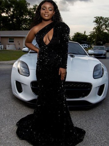 Velvet Sequin Sweep Train Long Sleeves Prom Dress Glasgow