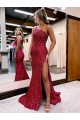 Velvet Sequin Mermaid Sweep Train Sleeveless High Slit Prom Dress / Evening Dress Glasgow
