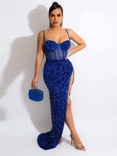 Velvet Sequin Sheath Sweep Train Sleeveless Spaghetti Straps Long Evening Dress Glasgow