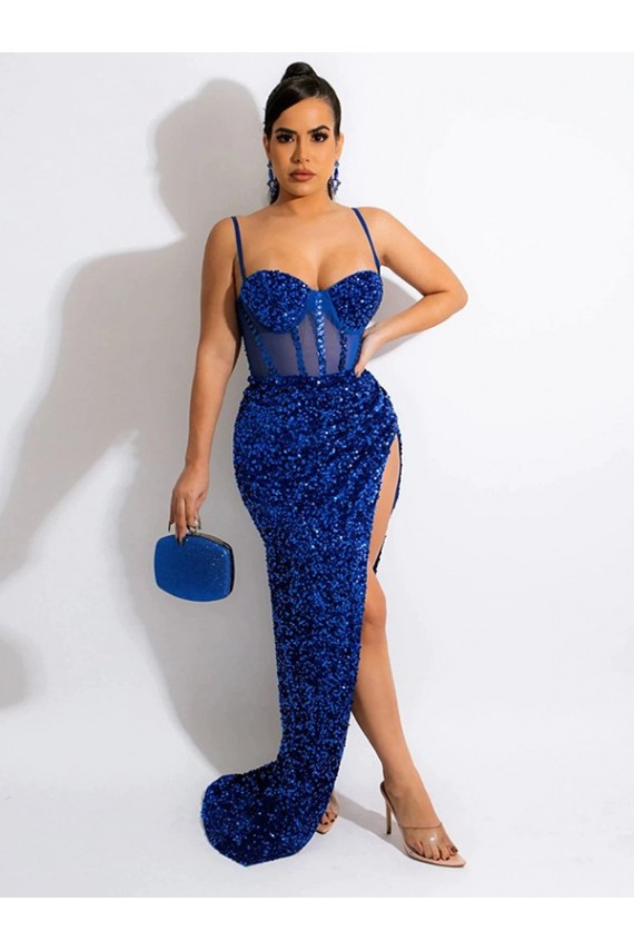 Velvet Sequin Sheath Sweep Train Sleeveless Spaghetti Straps Long Evening Dress Glasgow