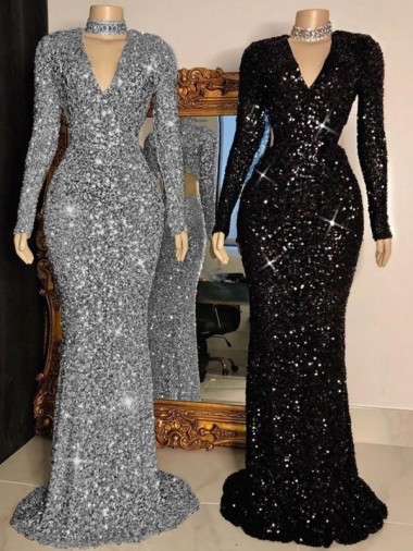 Velvet Sequin Sheath Sweep Train Long Sleeves Prom Dress Glasgow