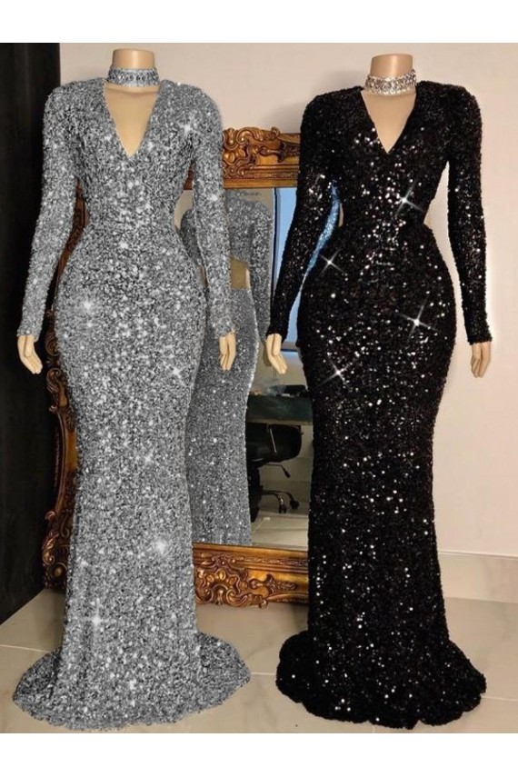 Velvet Sequin Sheath Sweep Train Long Sleeves Prom Dress Glasgow