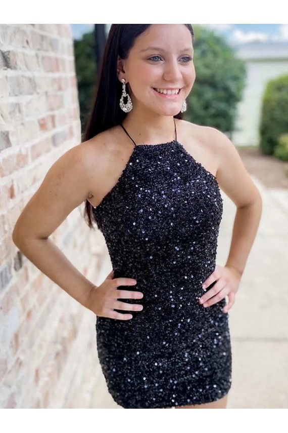 Velvet Sequin Sheath Short Sleeveless Halter Neck Prom Dress Glasgow