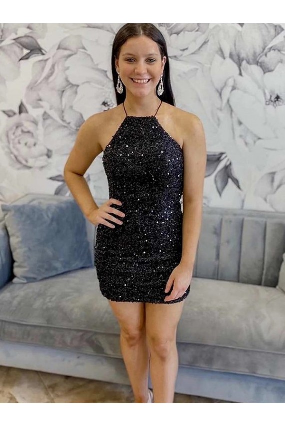 Velvet Sequin Sheath Short Sleeveless Halter Neck Prom Dress Glasgow